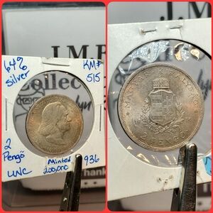 1936 HUNGARY 2 PENGO SILVER KM# 515 MUSIC COMPOSER FERENC LISZT low Mintage